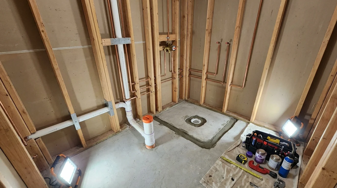 Bathroom rough-in plumbing during remodel by Johns Plumbing LLC in Dundalk