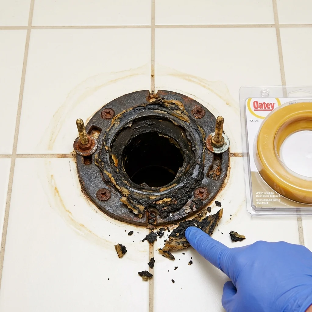 Failed wax ring showing water seepage at the base of a toilet in a Dundalk, MD home