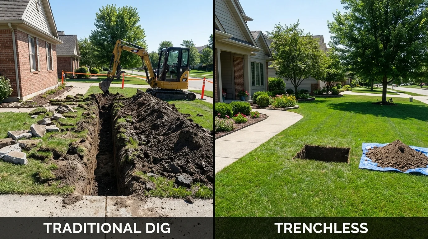 Trenchless sewer repair with minimal yard damage versus traditional excavation in Dundalk, MD